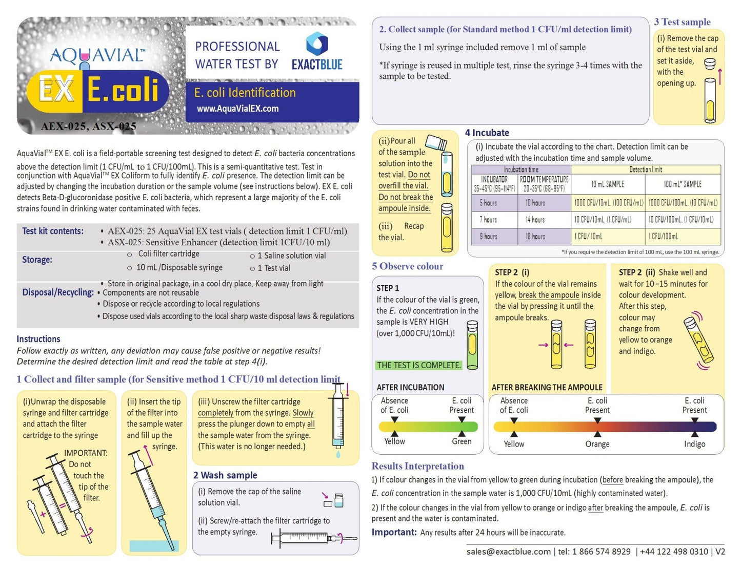 E coli EXpedited Test Kit, results in 5 - 9 Hours for E. coli Identification Water Test Kit For Professional Use - Ponds, recycled water, waste water - AquaVial