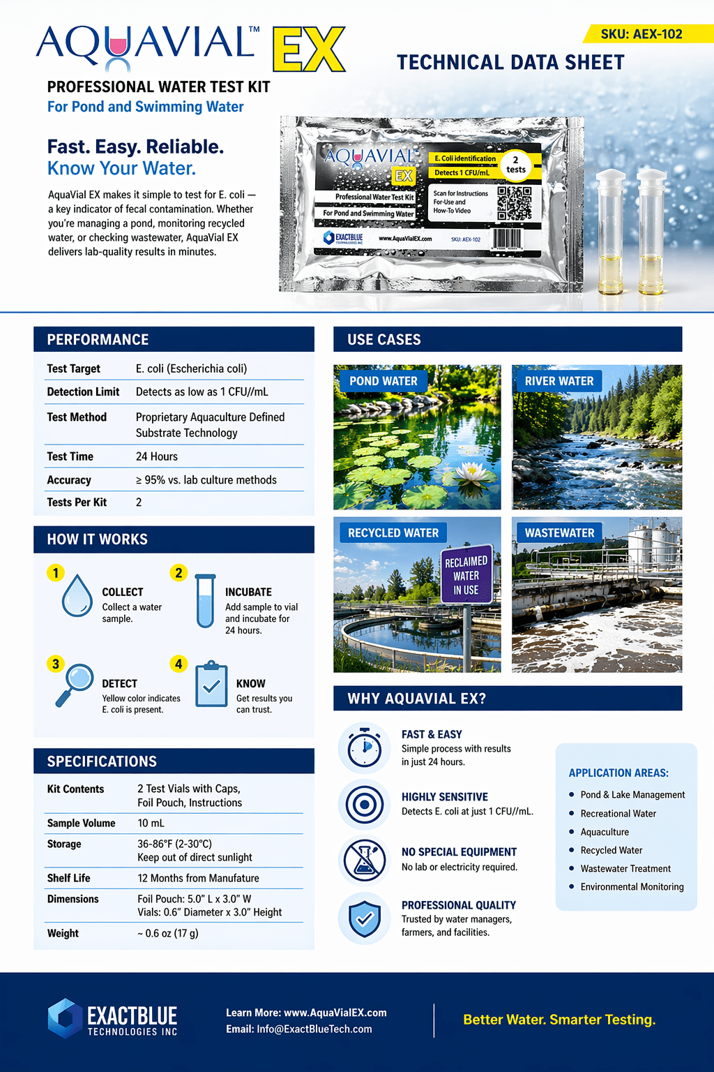E coli EXpedited Test Kit, results in 5 - 9 Hours for E. coli Identification Water Test Kit For Professional Use - Ponds, recycled water, waste water - AquaVial