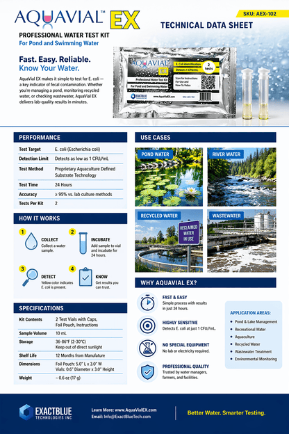 E coli EXpedited Test Kit, results in 5 - 9 Hours for E. coli Identification Water Test Kit For Professional Use - Ponds, recycled water, waste water - AquaVial