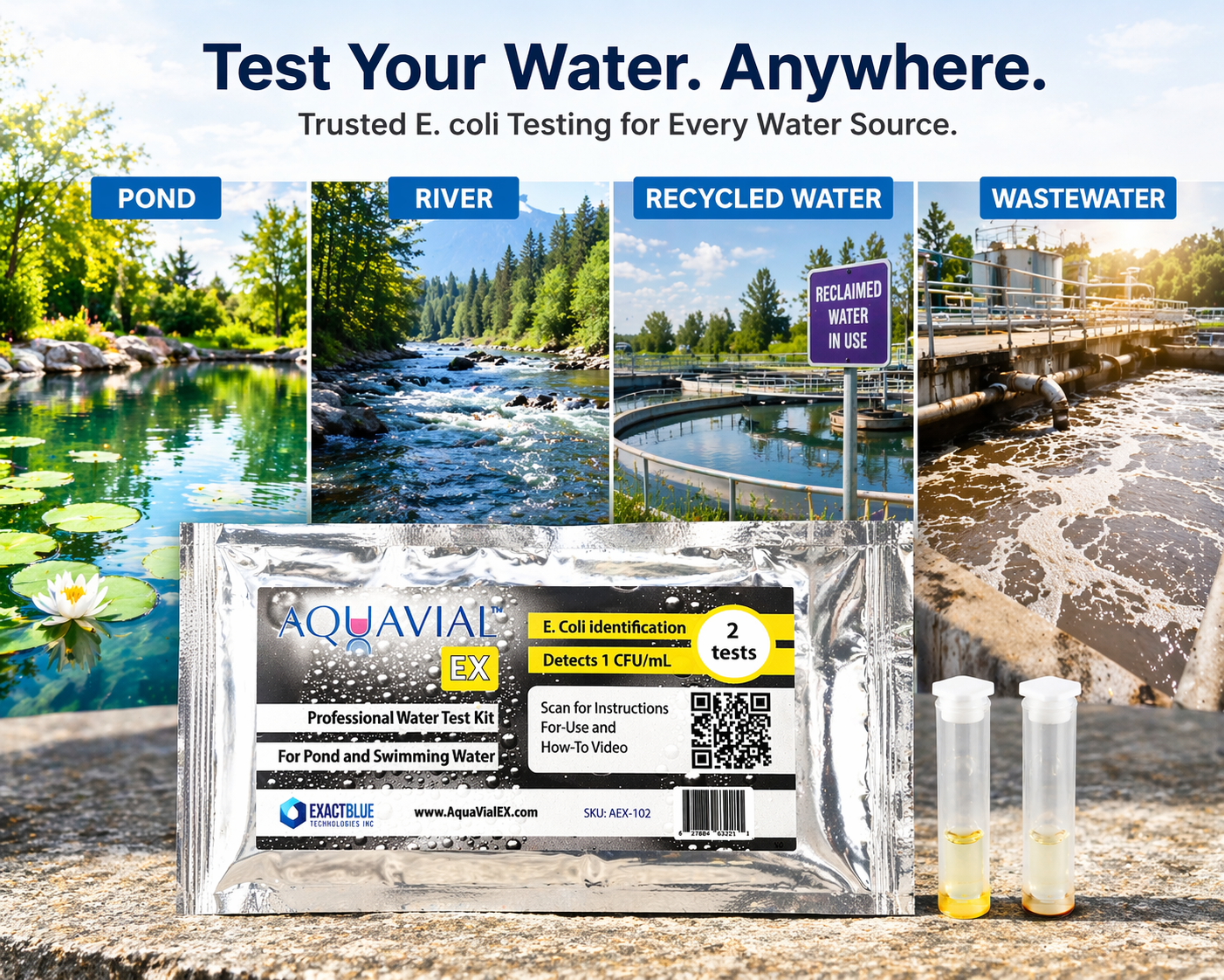 E coli EXpedited Test Kit, results in 5 - 9 Hours for E. coli Identification Water Test Kit For Professional Use - Ponds, recycled water, waste water - AquaVial