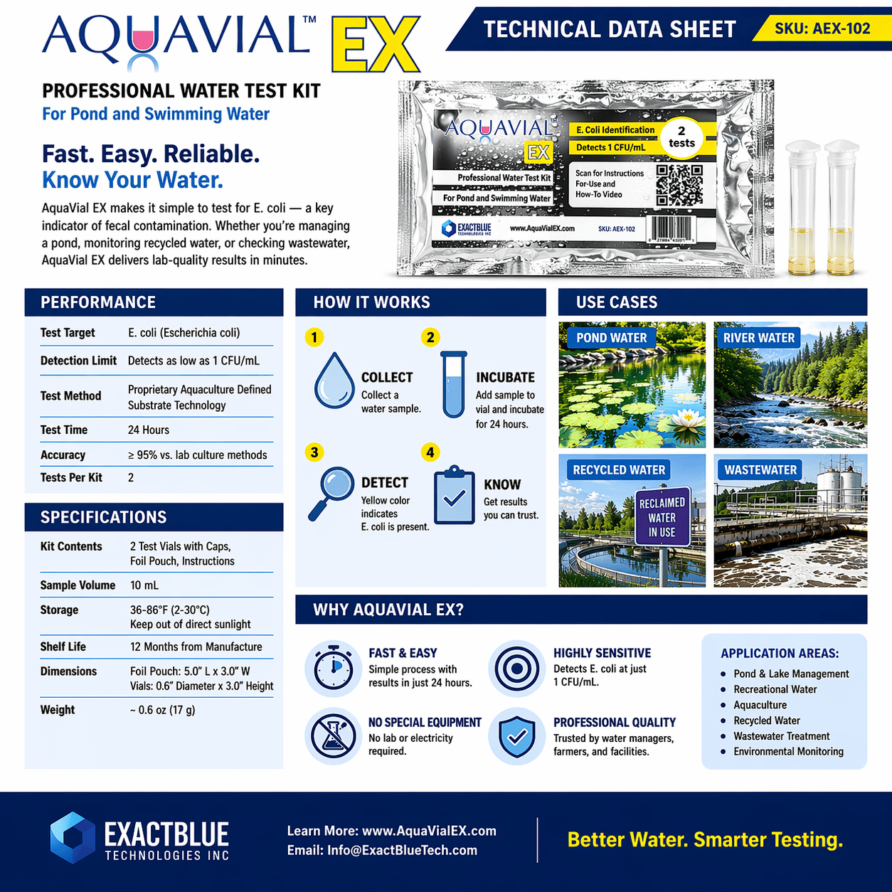 E coli EXpedited Test Kit, results in 5 - 9 Hours for E. coli Identification Water Test Kit For Professional Use - Ponds, recycled water, waste water - AquaVial